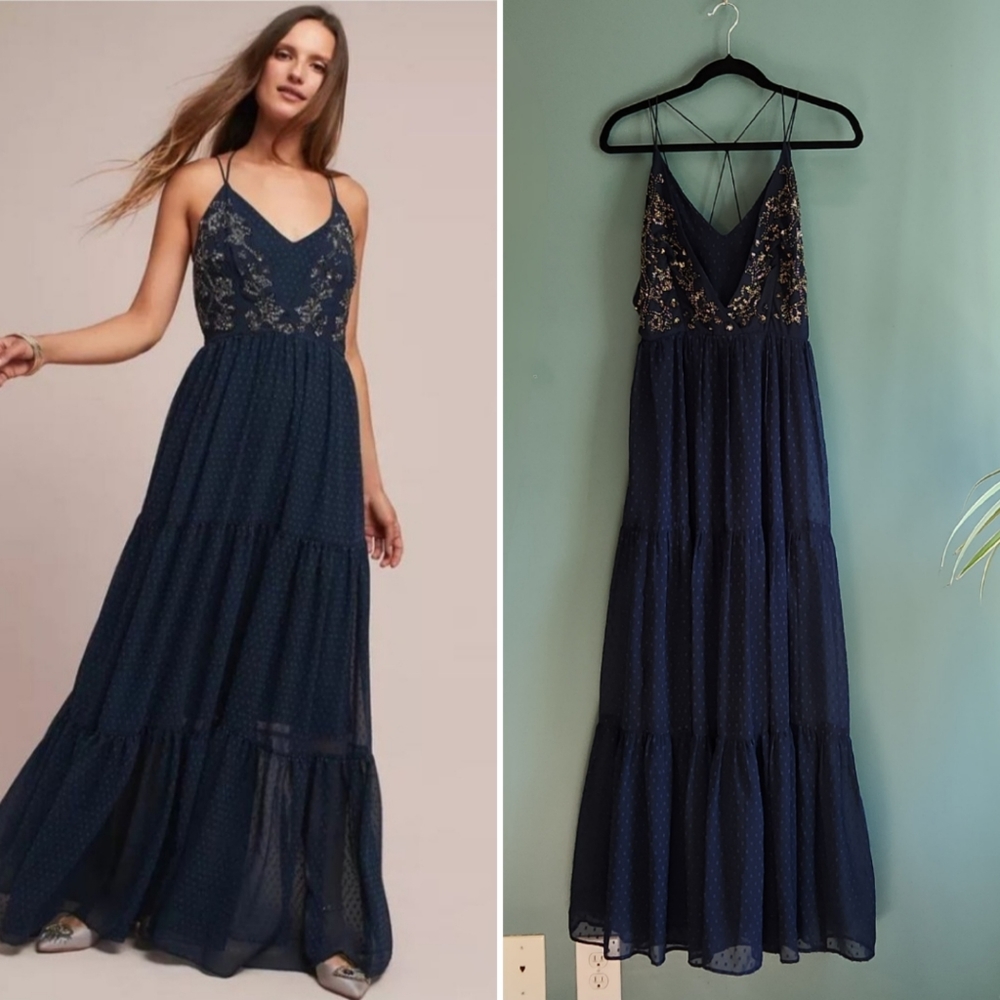 RARE Anthropologie | Ranna Gill Lucinda Navy Blue Beaded Bodice Maxi Dress 2